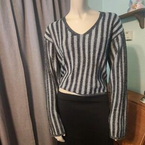 DKNY Women's Black Gray Vertical Striped Drop Sleeve Cropped V Neck Sweater Sz M